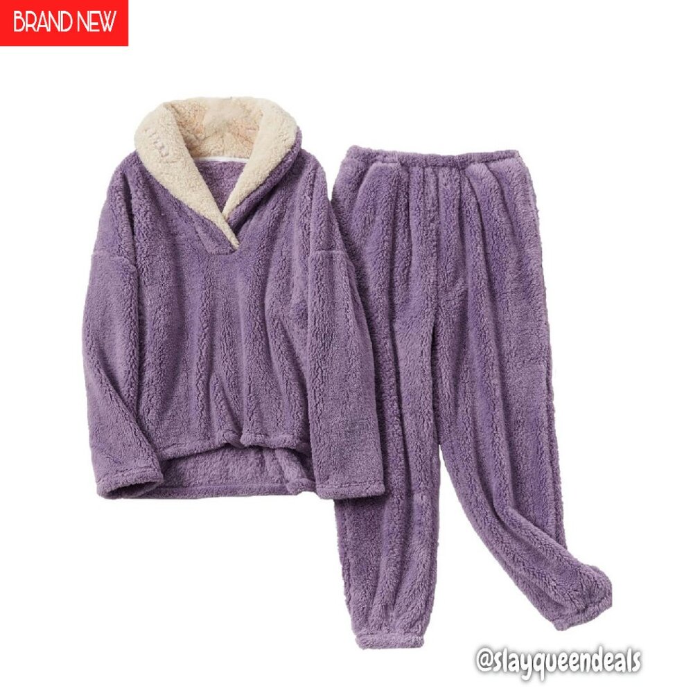 Women's Fluffy Sherpa Pajama Set Long Sleeve Pullover & Pants Loungewear
